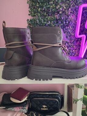 SHEIN Brown Lace-Up Chunky Combat Boots